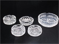 LOT OF 5 CRYSTAL ASHTRAYS BIGGEST IS 6 INCHES