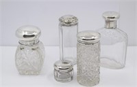 5 ASSTD. GLASS BOTTLES W/ STERLING SILVER LIDS
