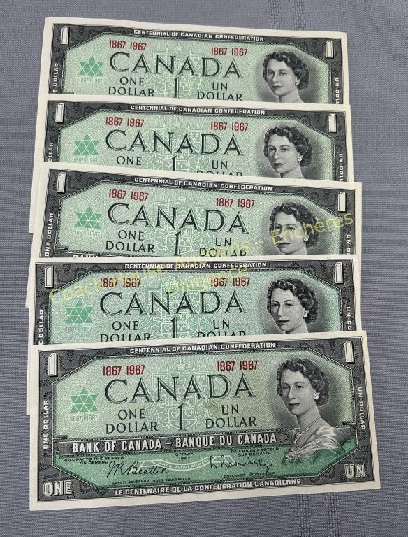 (5) 1967 Uncirculated Centennial one dollar notes