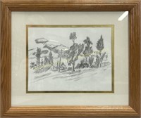 Framed pencil drawing, unsigned, Dessin au crayon