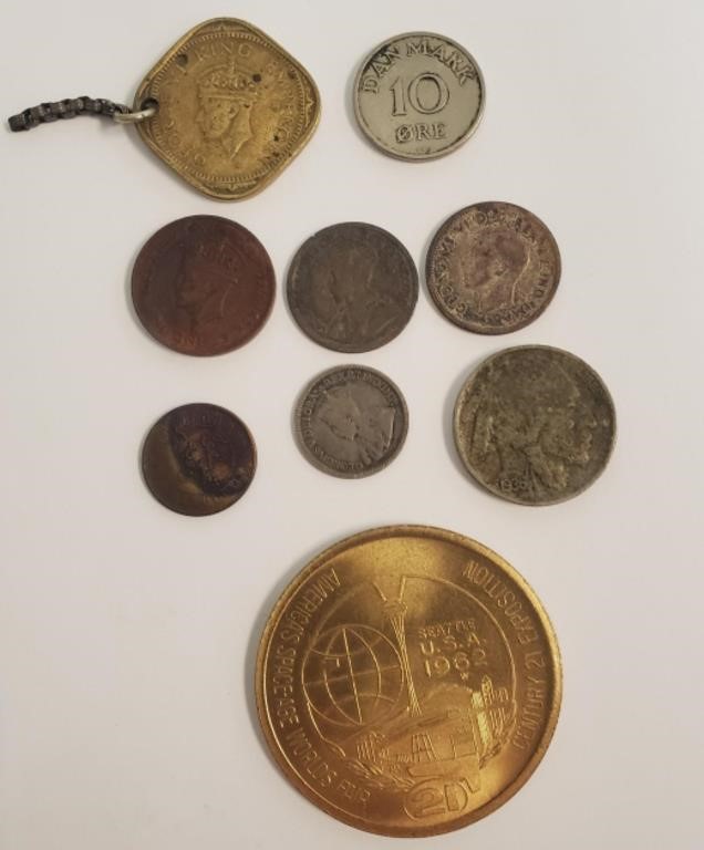 (8) Assorted Coins & Tokens (1) 1936 Nickel