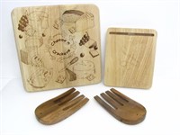 2 WOOD CUTTING BOARDS & PAIR OF SALAD SERVERS