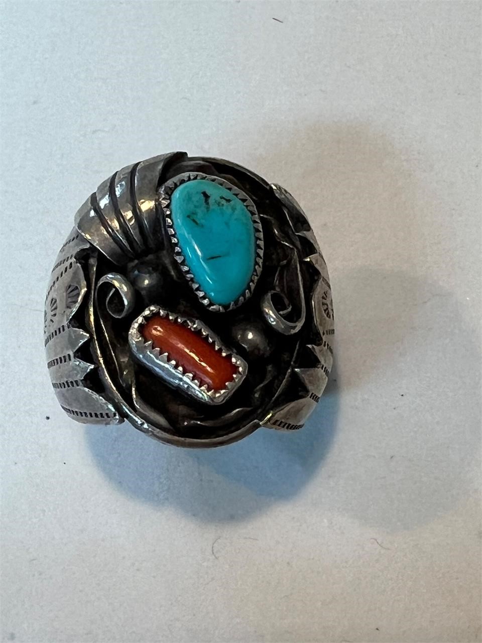 Navajo Sterling Turquoise Coral Ring signed sz10