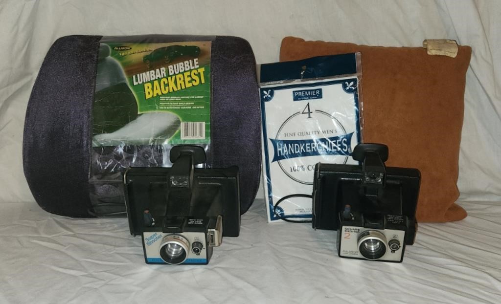 (2) Polaroid Camera, Lumbar Backrest, Throw Pillow