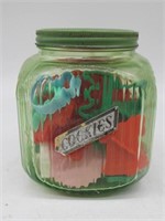 GREEN DEPRESSION COOKIE JAR W CUTTERS, 8H