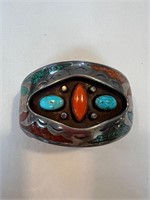 ZUNI Sterling Cuff Turquoise Coral Bracelet signed