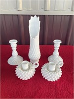Fenton hobnail candle holders and tall vase