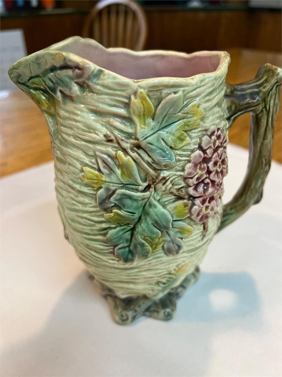 Rare Majolica Pitcher Oak Branch and Flowers