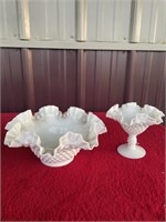 Fenton compote and large ruffled bowl