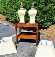 WOOD 2 TIER END TABLE & 2 UTTERMOST CREAM LAMPS
