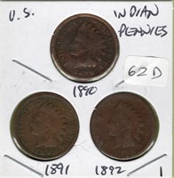 1890, 91, 92 Indian Head Cents