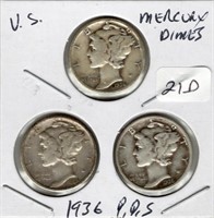 1936 P, D, S Mercury Dime Set