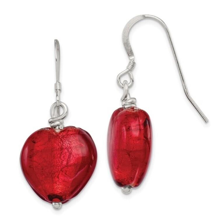 Silver Red Murano Glass Heart Dangle Earrings