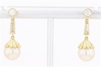 18 Kt .35 Ct Diamond Pearl Dangle Earrings