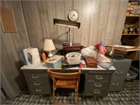 Metal desk, file cabinet, chair & all contents