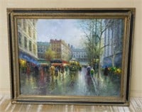 Large Trolley Street Scene Oil on Canvas, Signed.