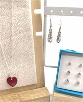 Sterling silver studs and red necklace with