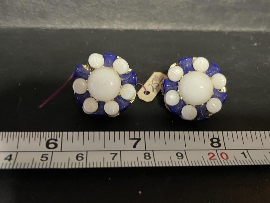 MCM Enamel Blue & White Daisy Clip On Earrings
