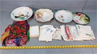 Vintage Hankies, Hand Painted Plates & Bowls