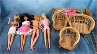 Ken & (3) Barbies, Accessories & Wicker Chairs