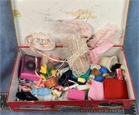 School Box Tin w/Vintage Barbie Accessories