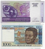 Madagascar 1000 Ariary x 2 ,est $25.MD6a