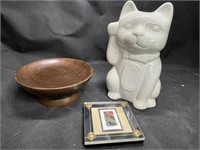 Vintage White Ceramic Lucky Cat Planter + US Stamp