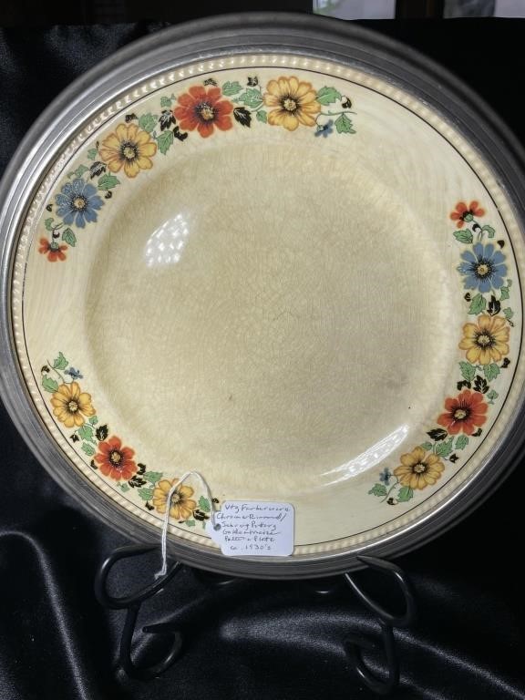VTG Farberware Chrome Rimmed Pottery Plate 1930s
