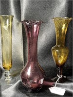 Three (3) VTG Purple & Yellow Bud Vases