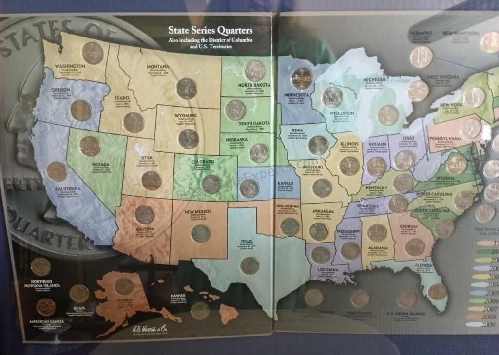 Framed State Series Quarters Map w Quarters