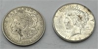 (KK) 2 Silver Morgan 1921 & Peace 1922s Dollar