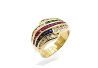 Diamond, emerald, ruby, sapphire & 18ct gold ring