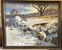 Signed painting; dogs chasing rabbit; j sotto