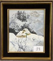 Snowy cottage painting; signed Merle 25x29