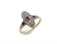 Art Deco ruby & diamond set 18ct yellow gold ring
