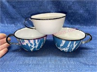 (3) Ant. enamelware cups (blue-white)