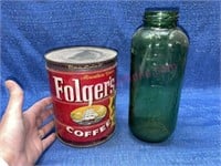 1959 Coffee tin & green water bottle (glass)