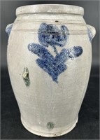 Antique Blue Decorated Stoneware Crock - has