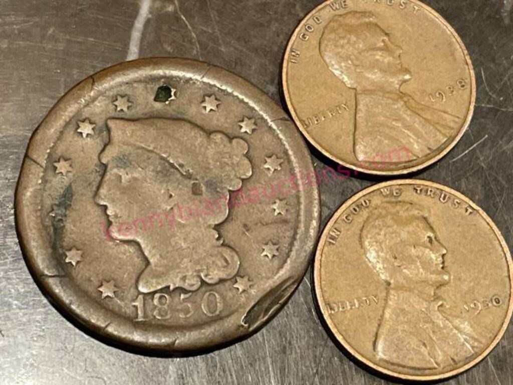1850 Large cent & 2 Wheat cents