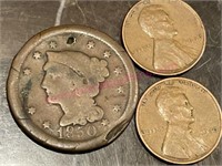 1850 Large cent & 2 Wheat cents