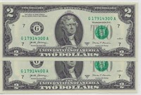 US $2 dollars bill 2 Round  Cons.SN ending 00.V33