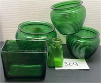 Vintage emerald glass lot; vases & more