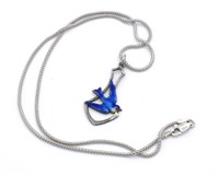 Enamel & silver blue bird pendant & chain