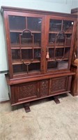 Two Pc Oak Carved China Cabinet