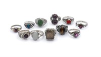 Eleven gemstone & silver rings