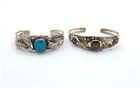 Two silver & gemstone cuff bangles