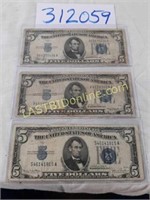 3 Blue Seal 1934 $5 Silver Certificates