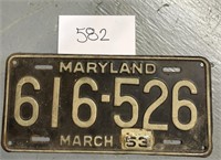 Vintage Maryland license plate; 1953