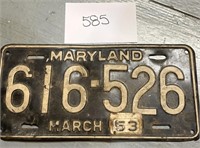 Vintage Maryland license plate; 1953