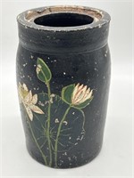 Vintage Black w/ Pink Flower 7in Vase